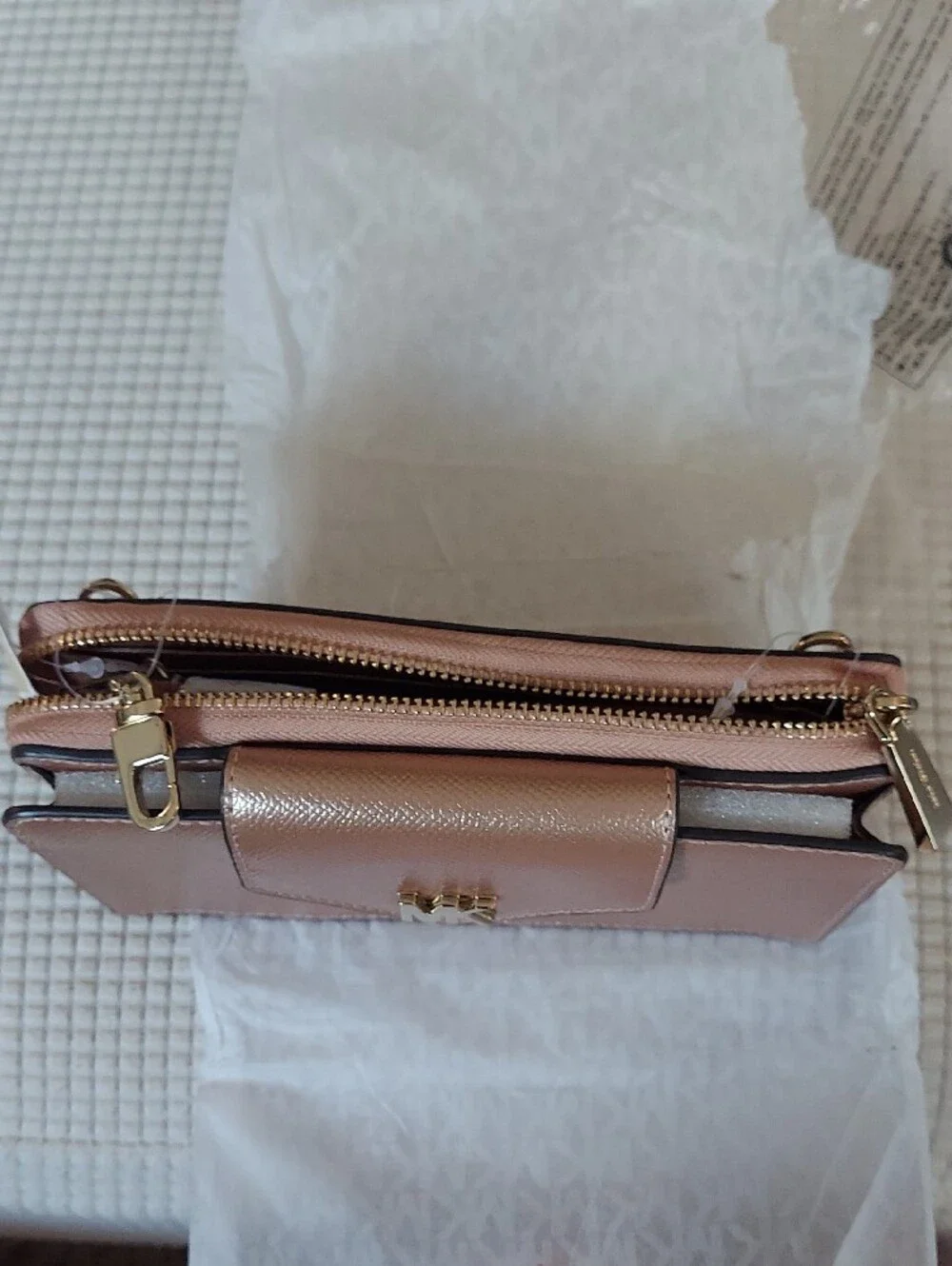 Michael Kors Tan Shimmer Phone Wallet/Small Crossbody with Gold MK Emblem
